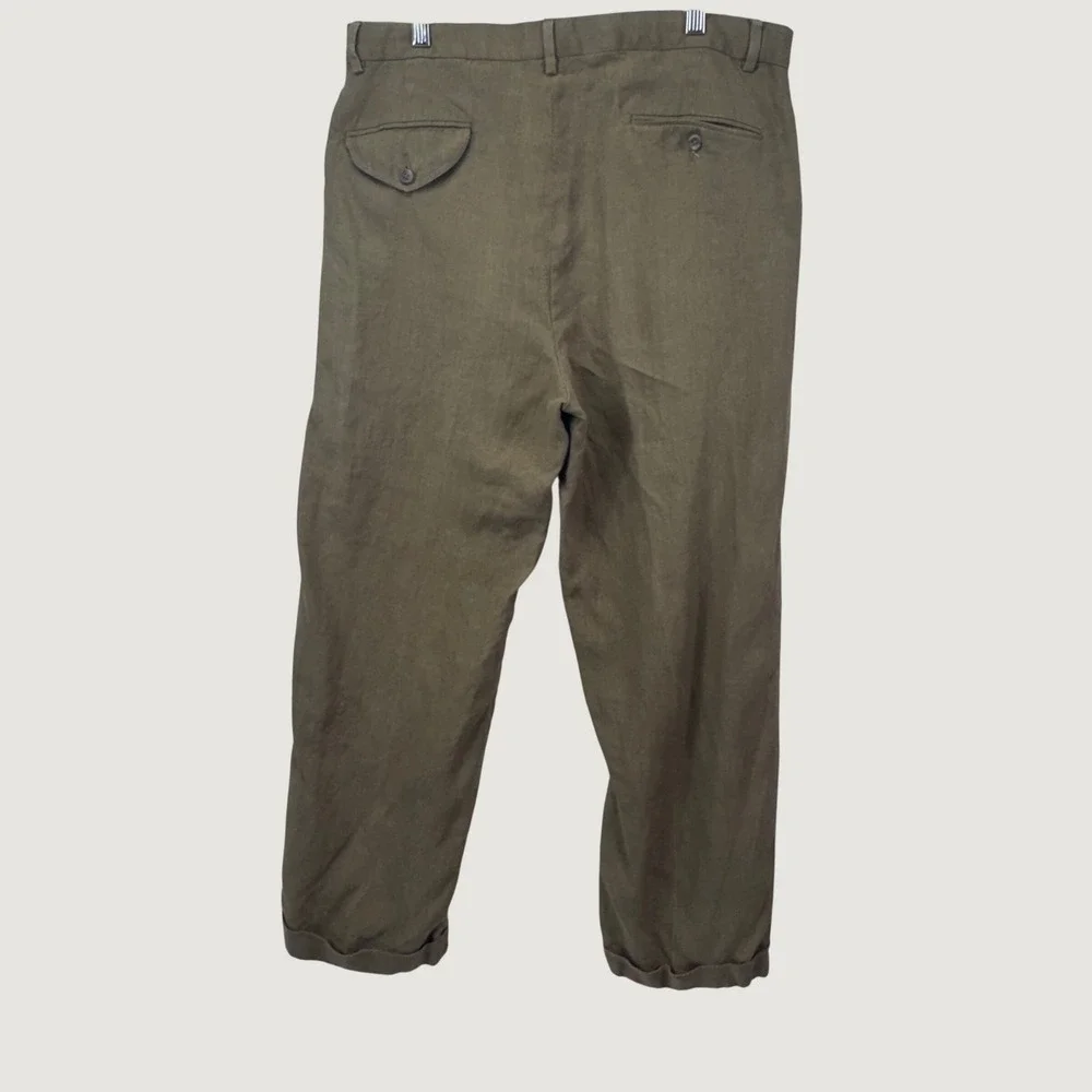Polo Ralph Lauren Pants 32x26 Brown/Green Pleated 100% Linen Cuffed Old Money